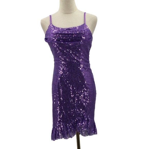 PARTY SZ 4 S purple sequin ruffle backless lace up mini bodycon dress NEW B132 - Picture 1 of 7